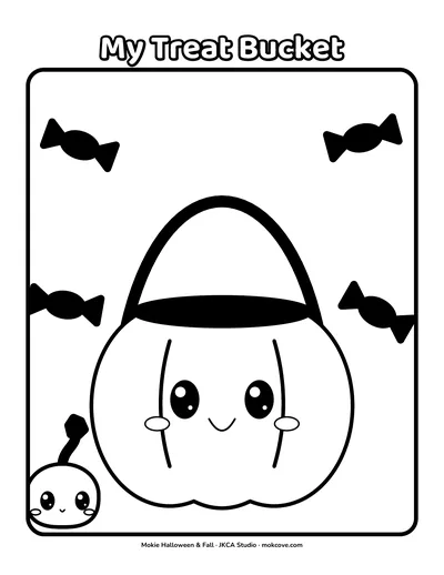 My Treat Bucket: a coloring page from the Little Mokie book.