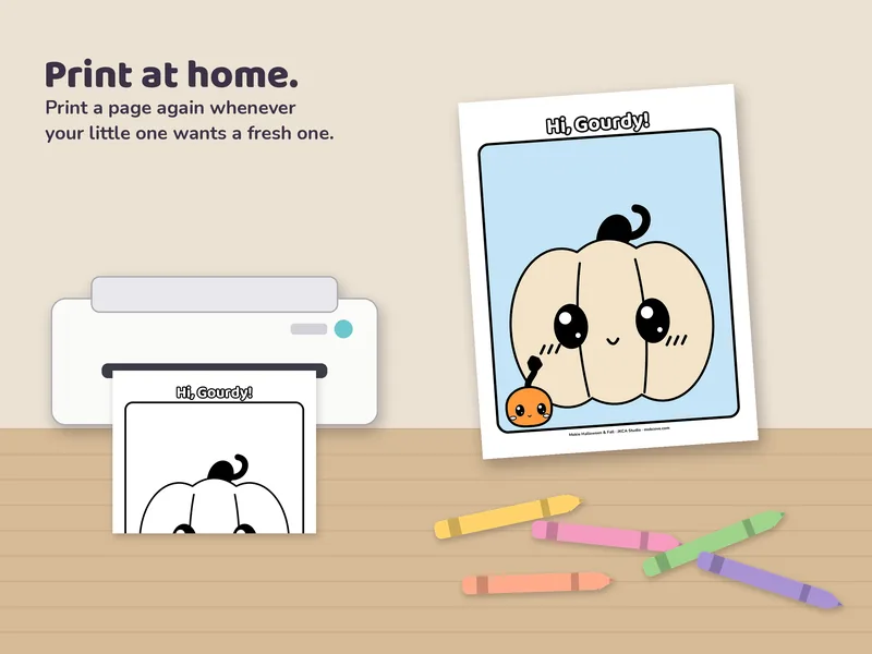 A Little Mokie pumpkin page coming out of a home printer, a finished copy and crayons beside it.