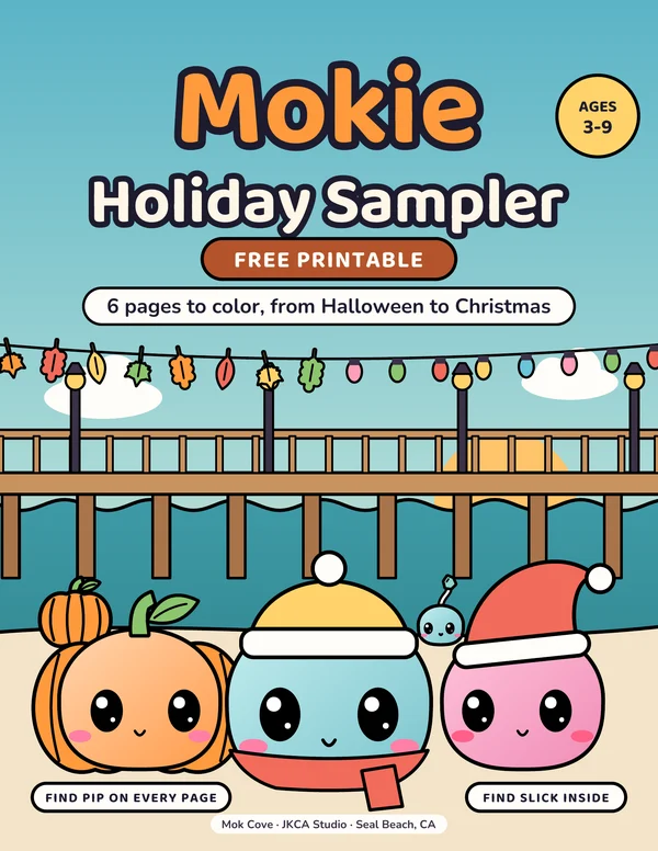 Cover of the Mokie Holiday Sampler: three round Mokies on the sand by the Seal Beach pier, one in a pumpkin costume, one in a beanie and one in a Santa hat.