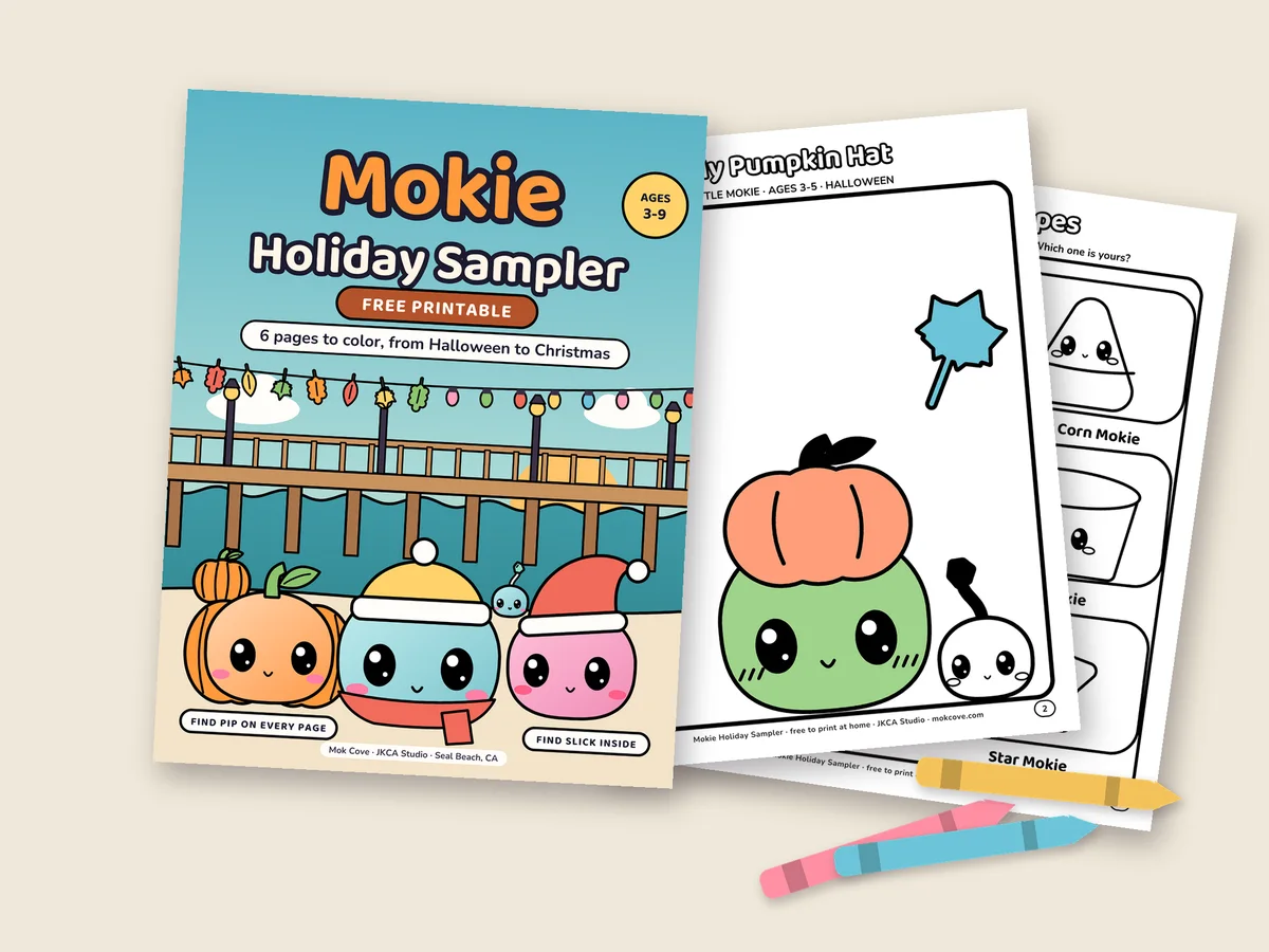 The sampler cover with two printed pages and a few crayons.