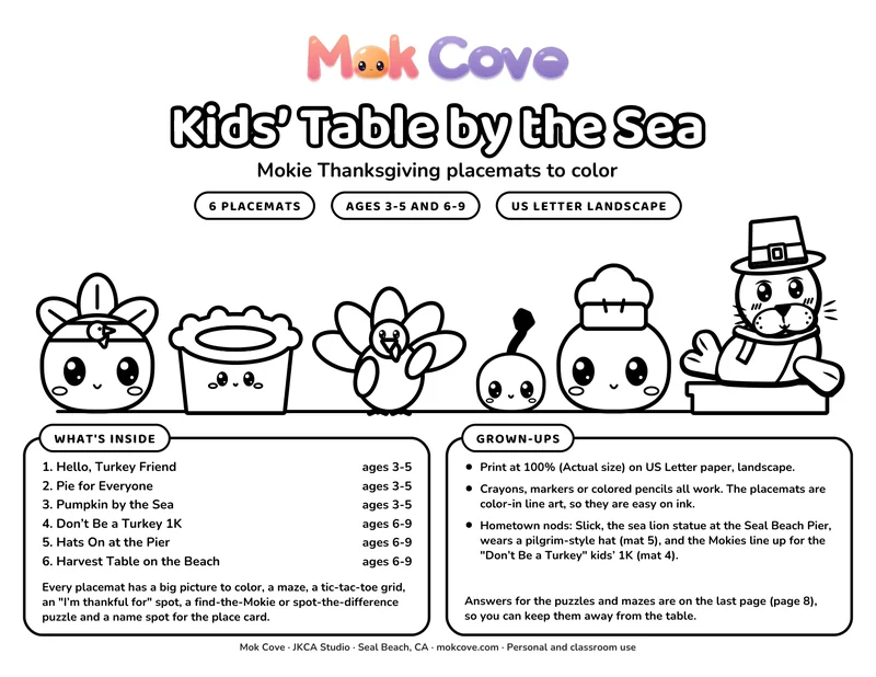 The cover of Kids' Table by the Sea: Mokie Thanksgiving placemats, with Mokies, Crumble, a turkey friend and Slick the sea lion in a pilgrim hat.